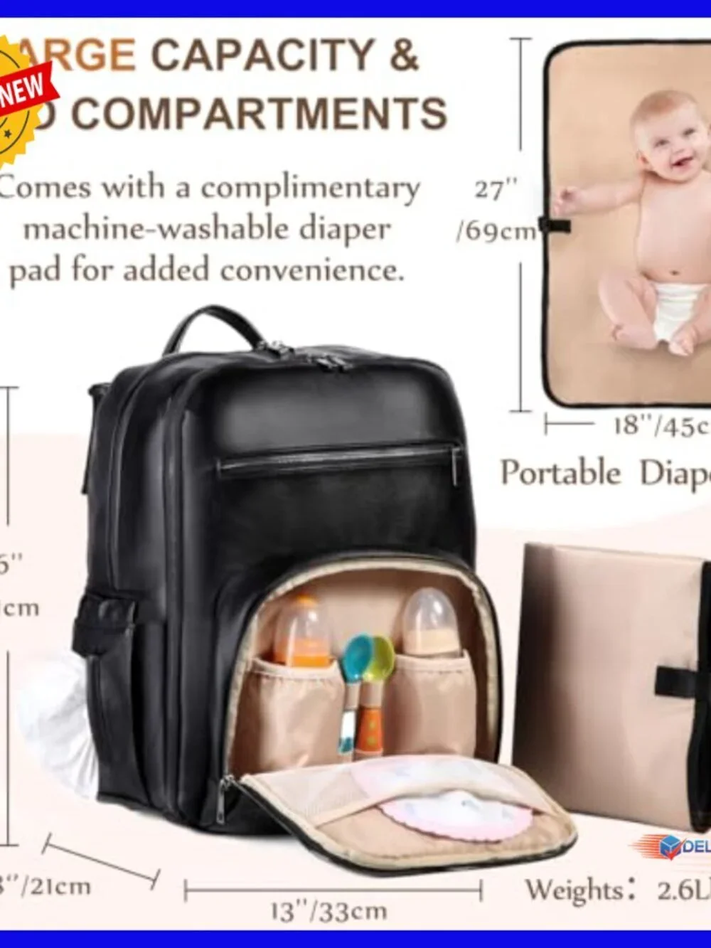Large Vegan Leather Diaper Backpack with Changing Pad, Laptop Sleeve, Insulated